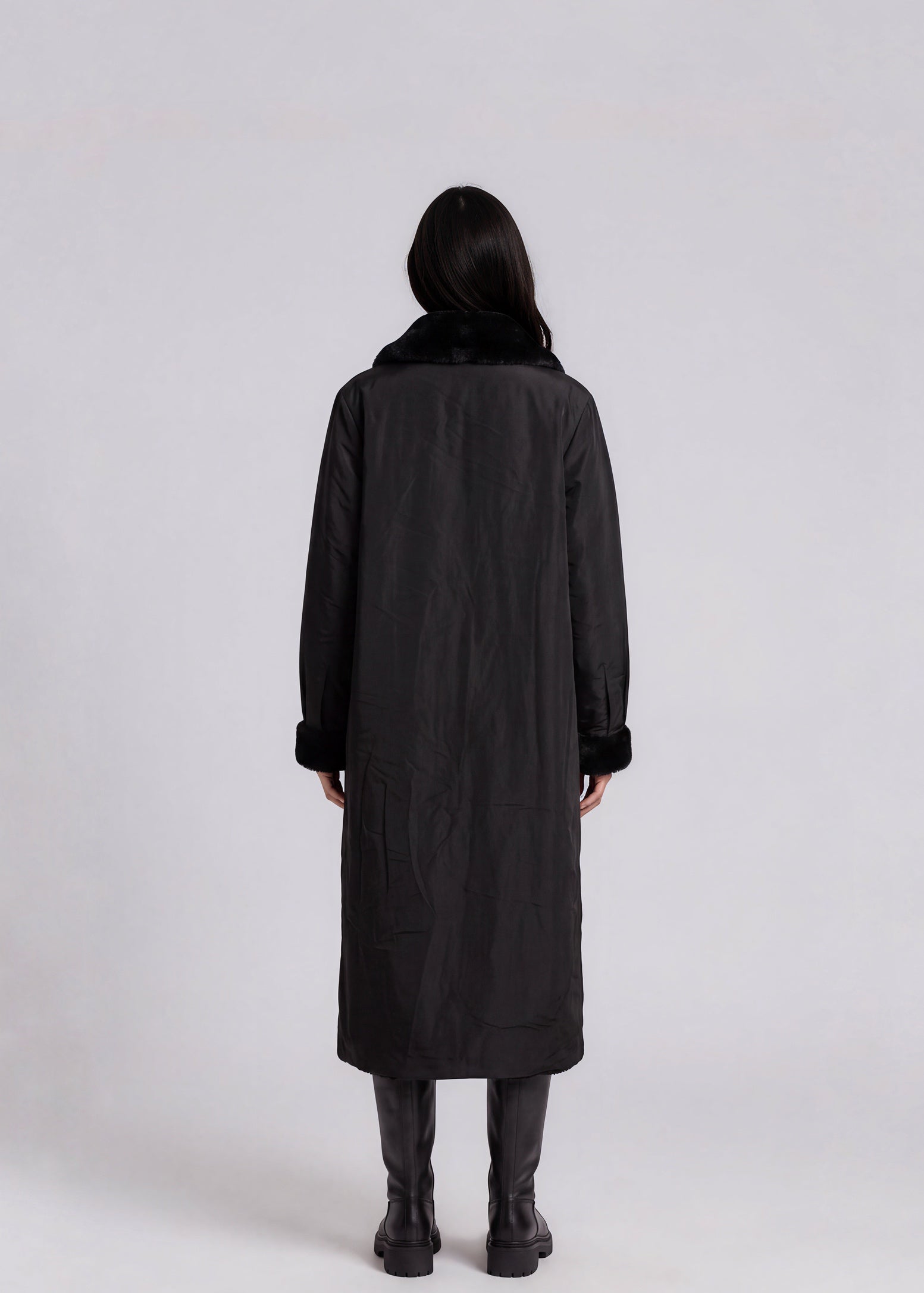 Black Fur Trimmed Long Coat