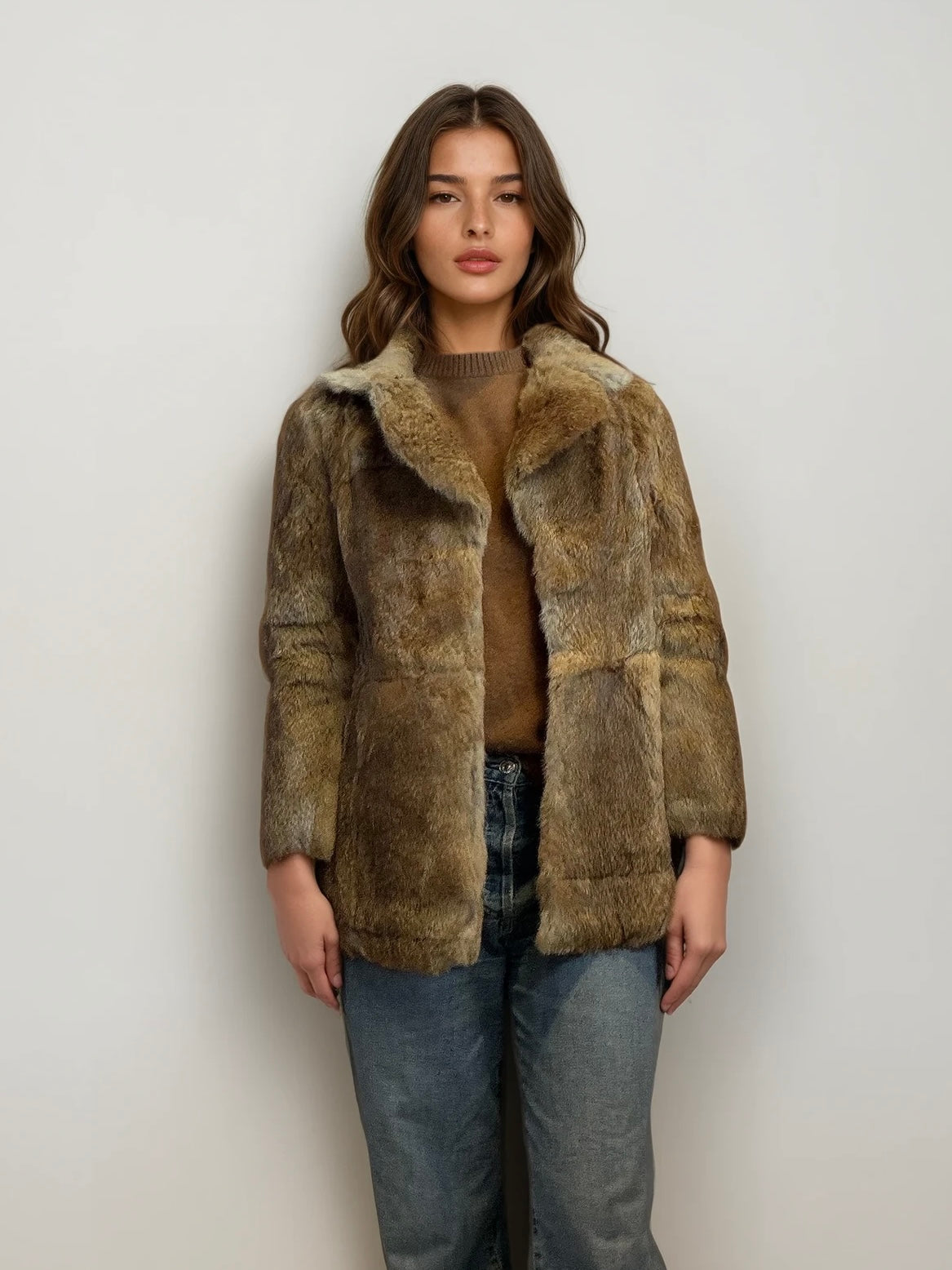 Brown and Cream Collared Fur Coat