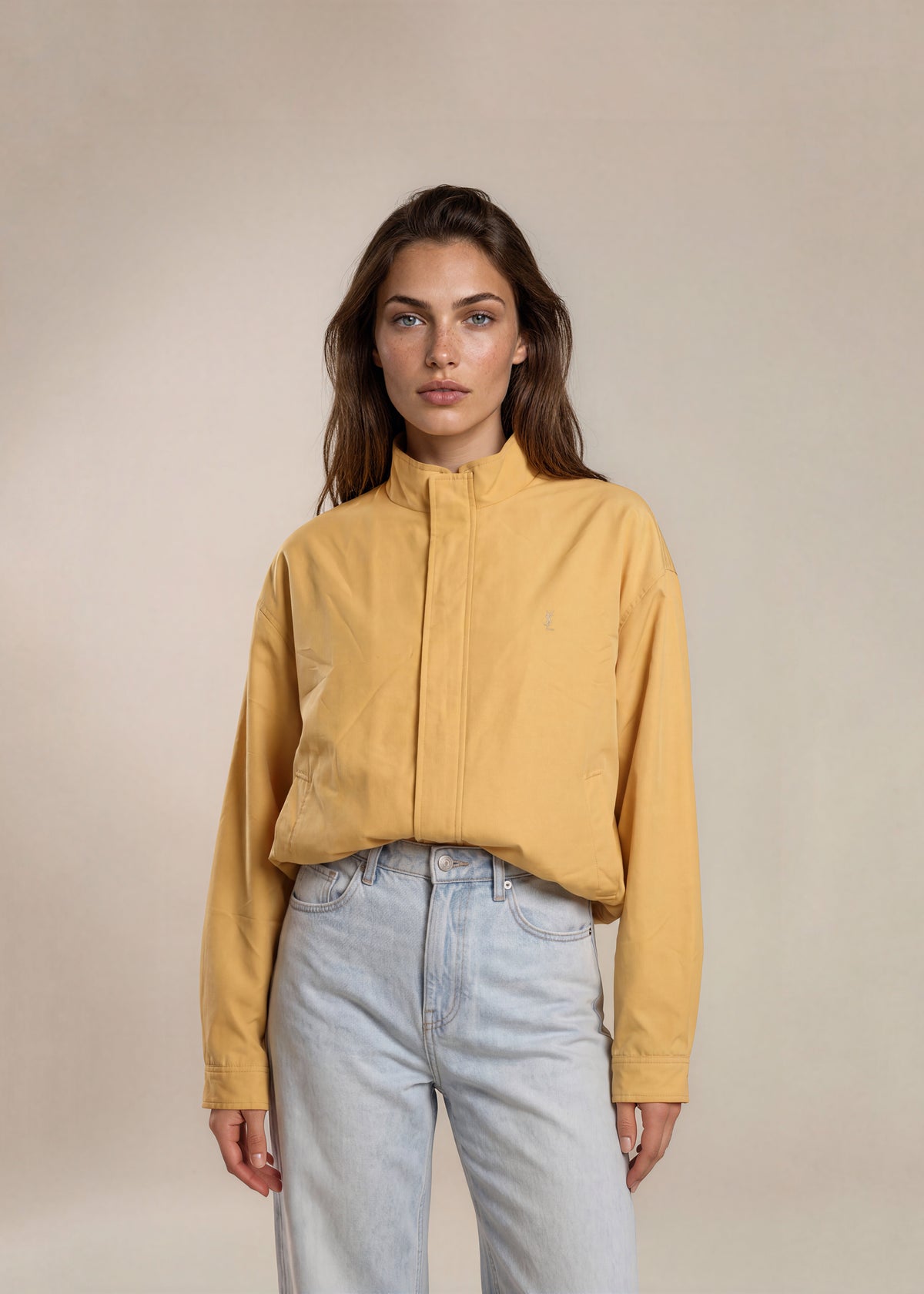 YSL Golden Yellow Windbreaker Bomber with Striped Collar