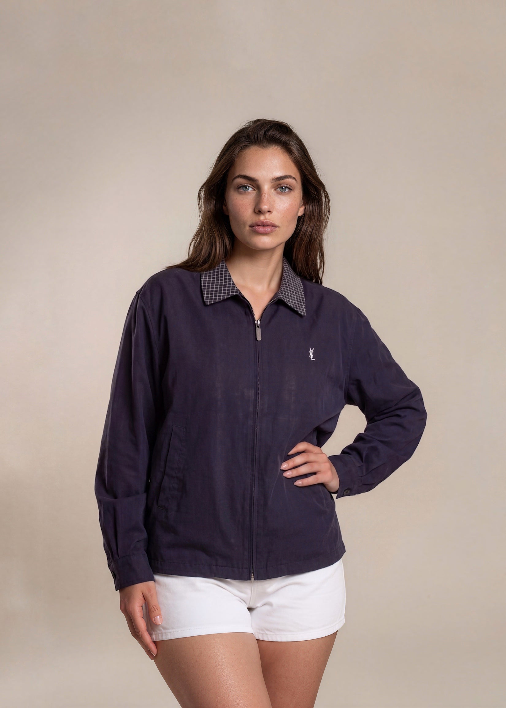 YSL Navy Classic Plaid Collared Bomber with White Logo