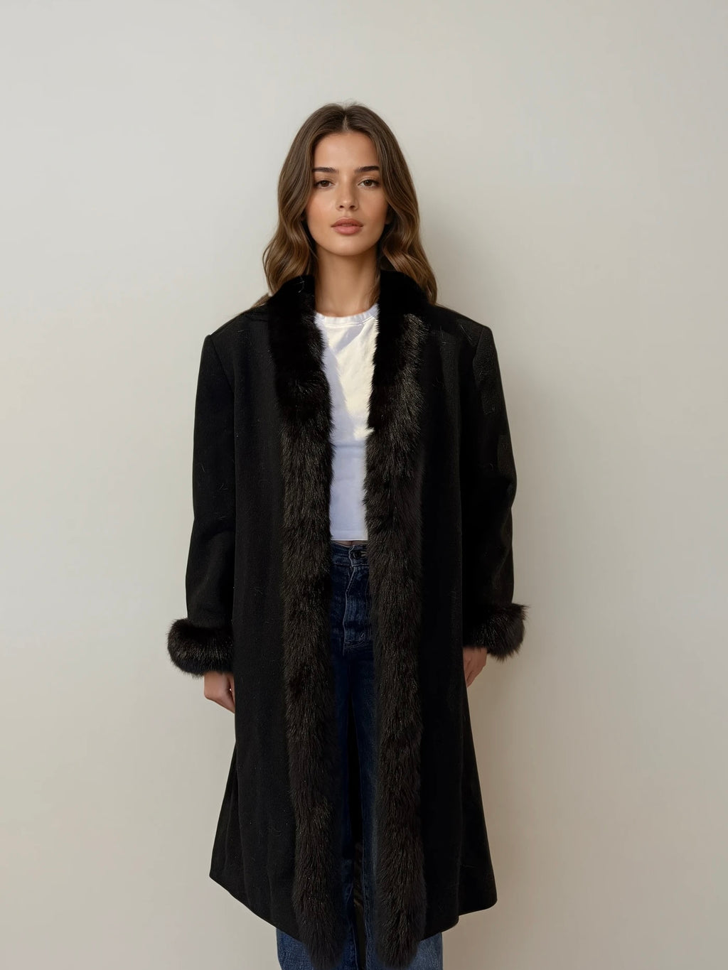 Black Wool and Fox Fur Coat