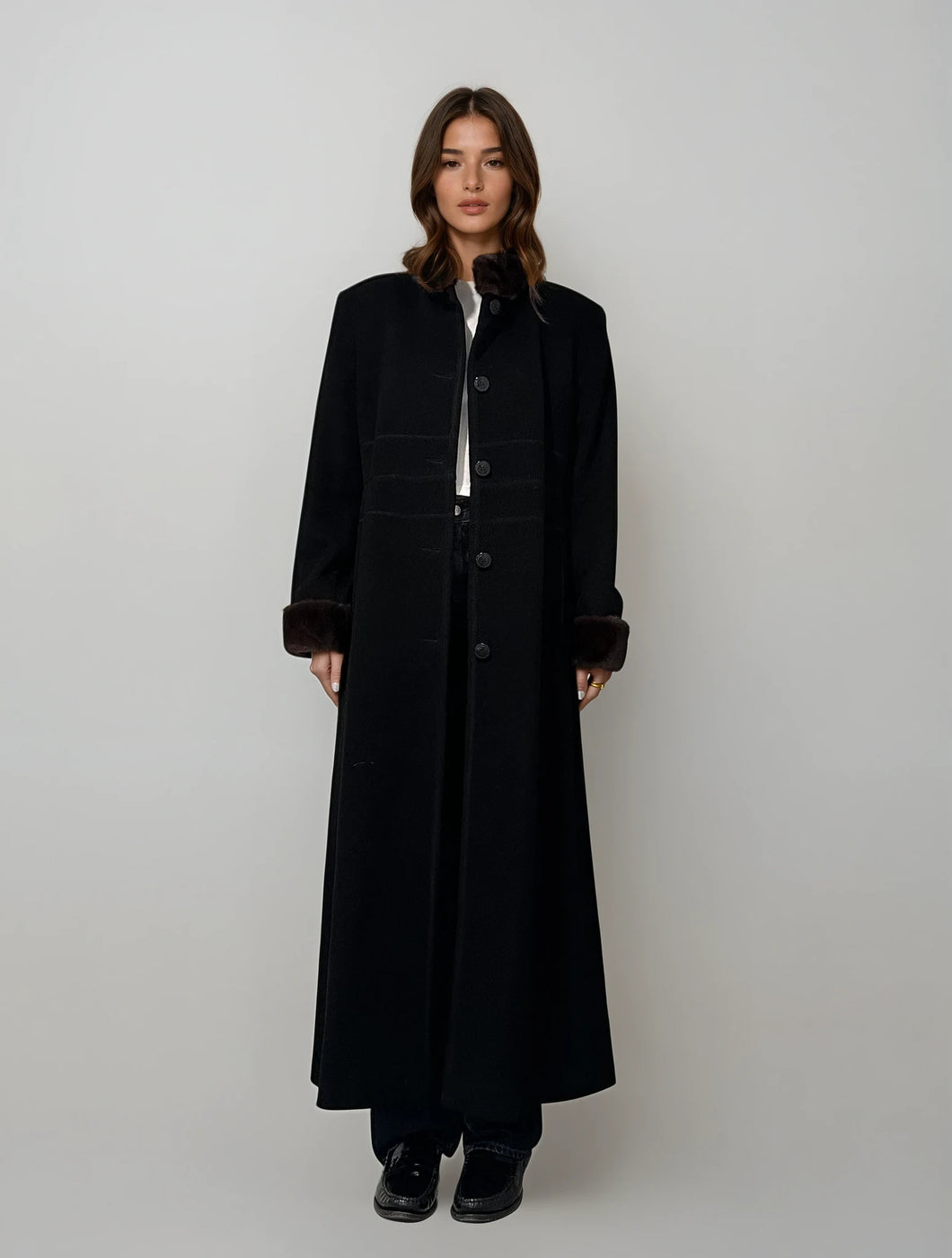 Black and Brown Fur and Cashmere Coat