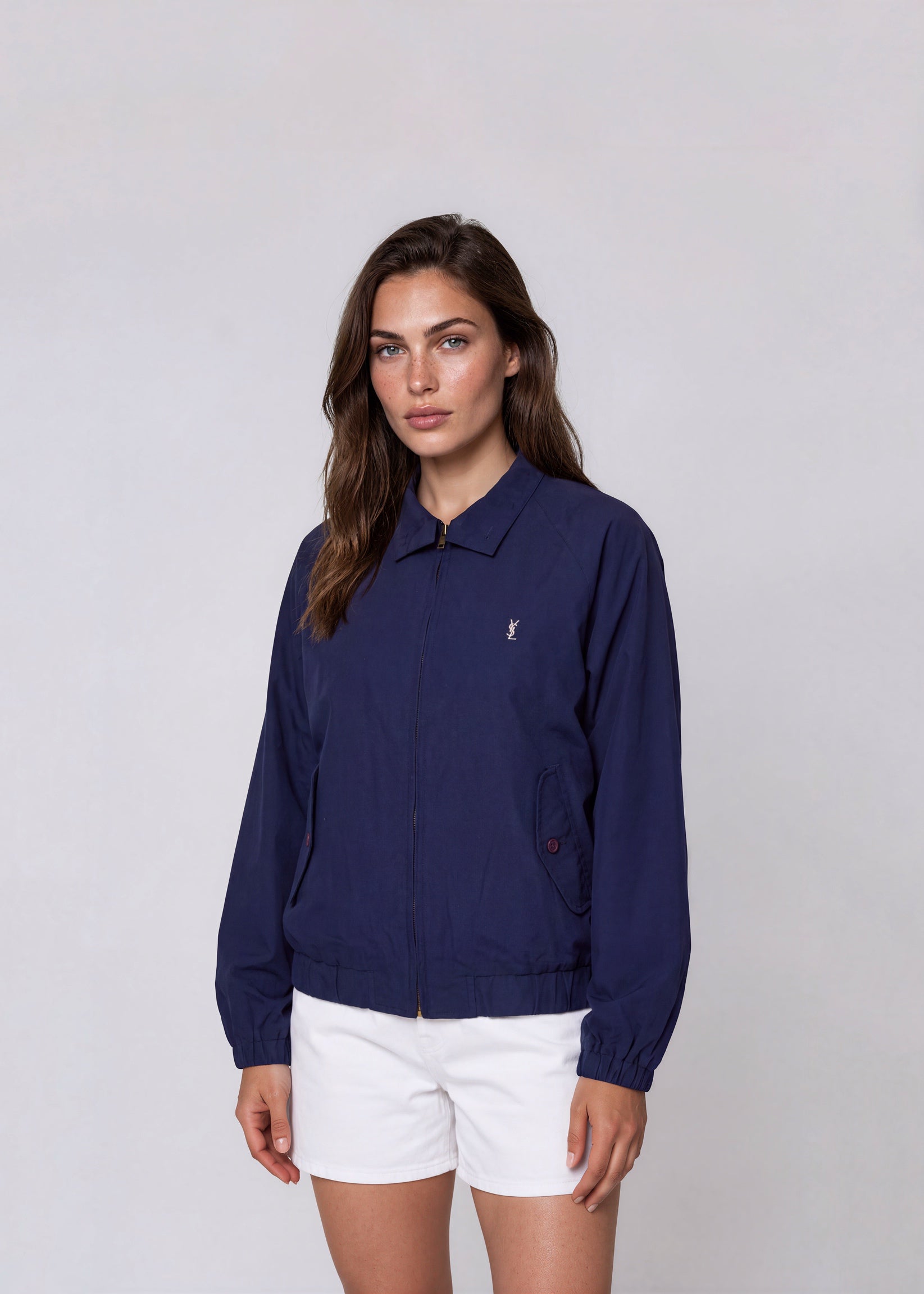 YSL Navy Collared Button Pocket Bomber
