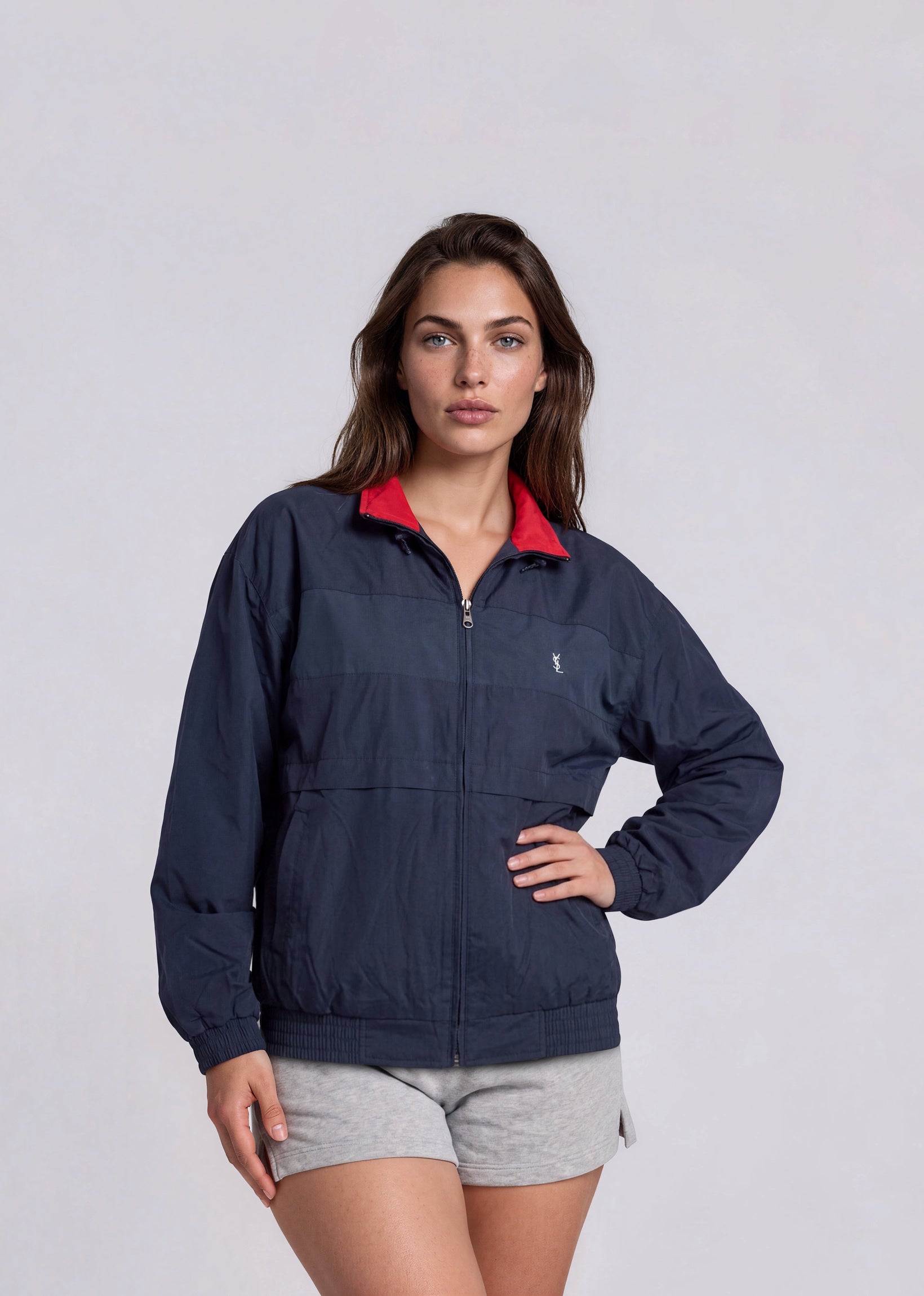 YSL Navy Contrast Stripe Windbreaker Bomber with White Logo