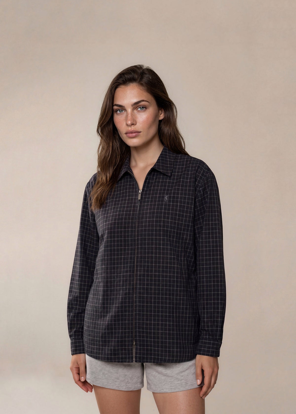 YSL Navy and White Plaid Classic Collared Bomber