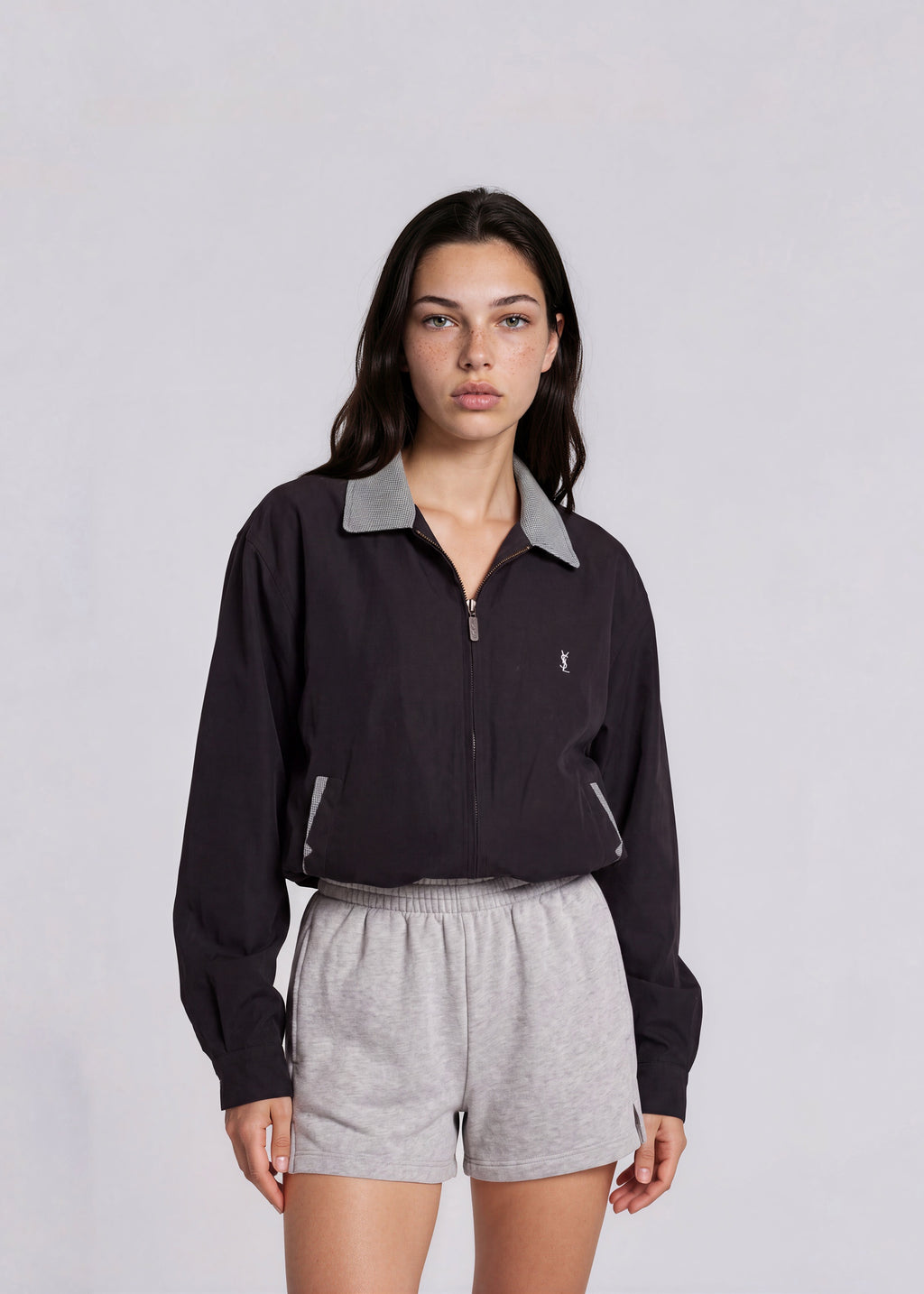 YSL Black Bomber with Gray Plaid Trim