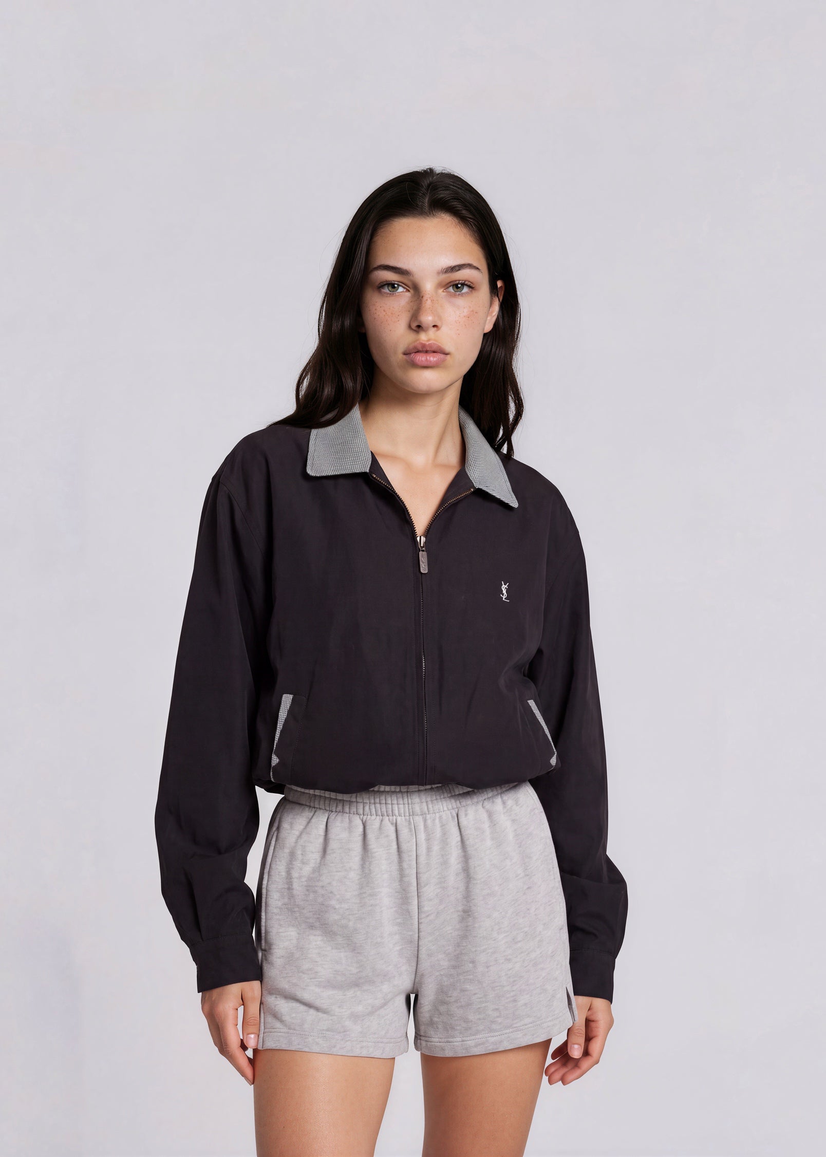 YSL Black Bomber with Gray Plaid Trim