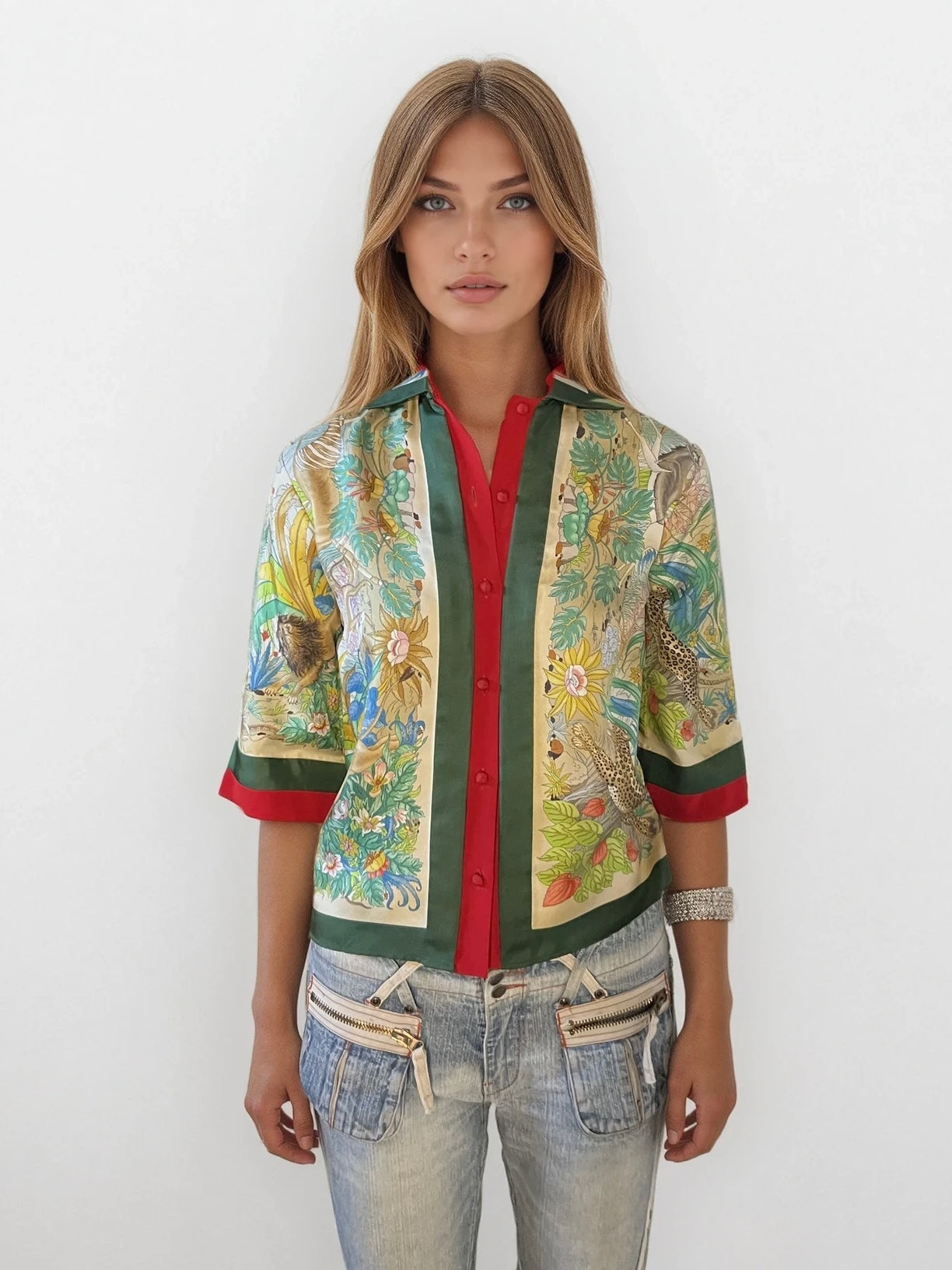Gucci Green Floral button Down