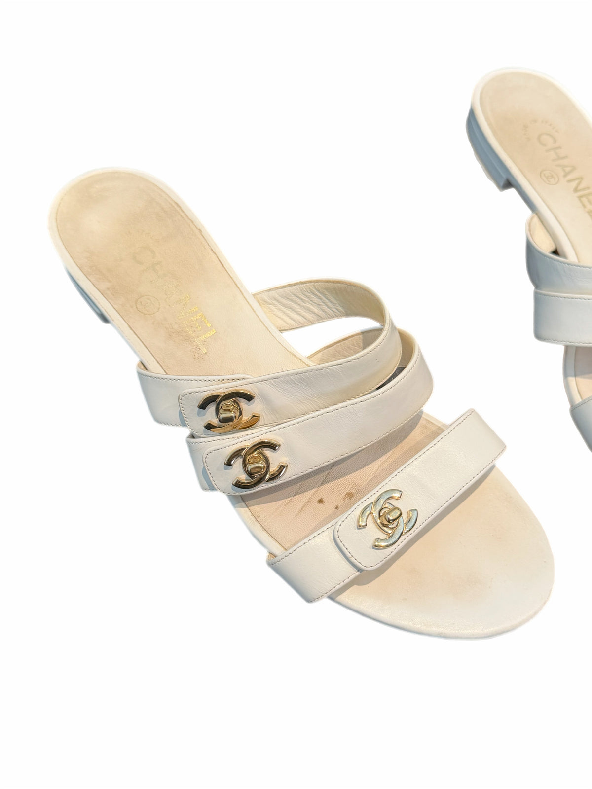 Chanel White Leather Slides
