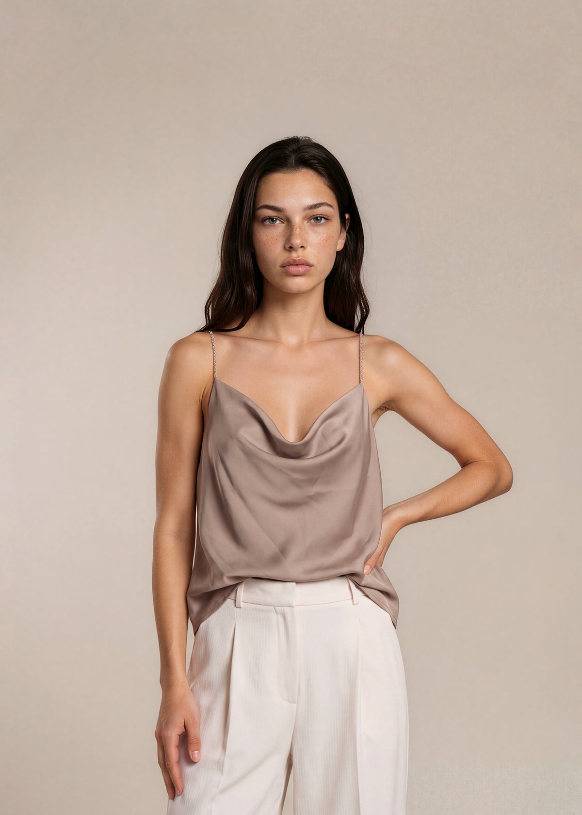 Yigal Tan Cowl Neck Top