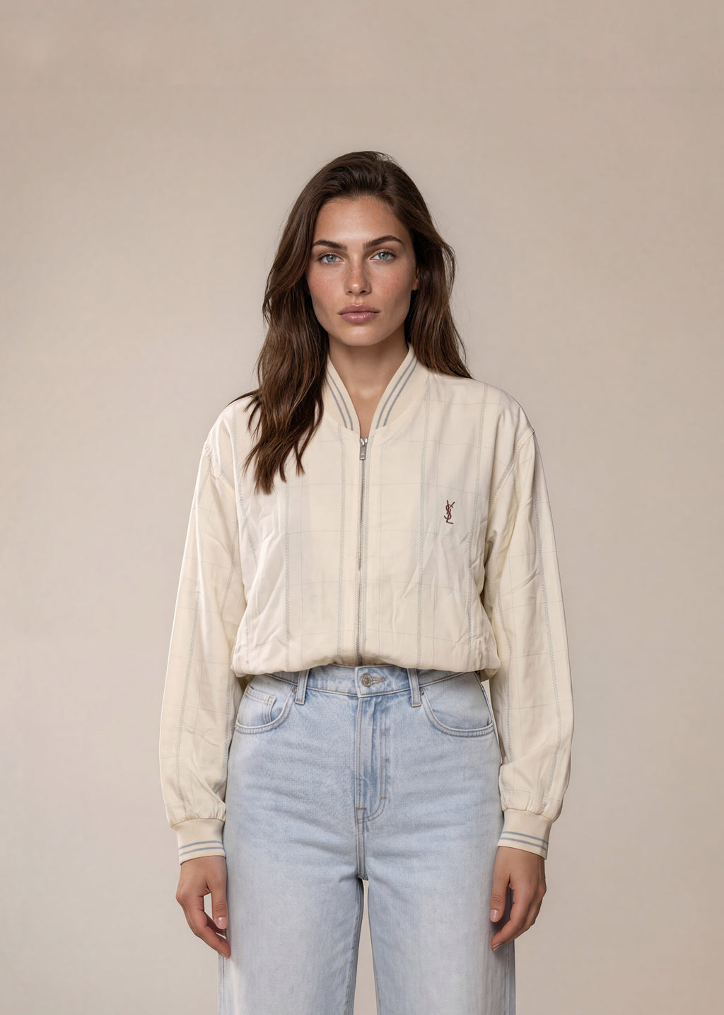 YSL White and Blue Printed Knit Collar Bomber with Brown Logo