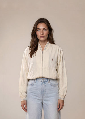 YSL White and Blue Printed Knit Collar Bomber with Brown Logo