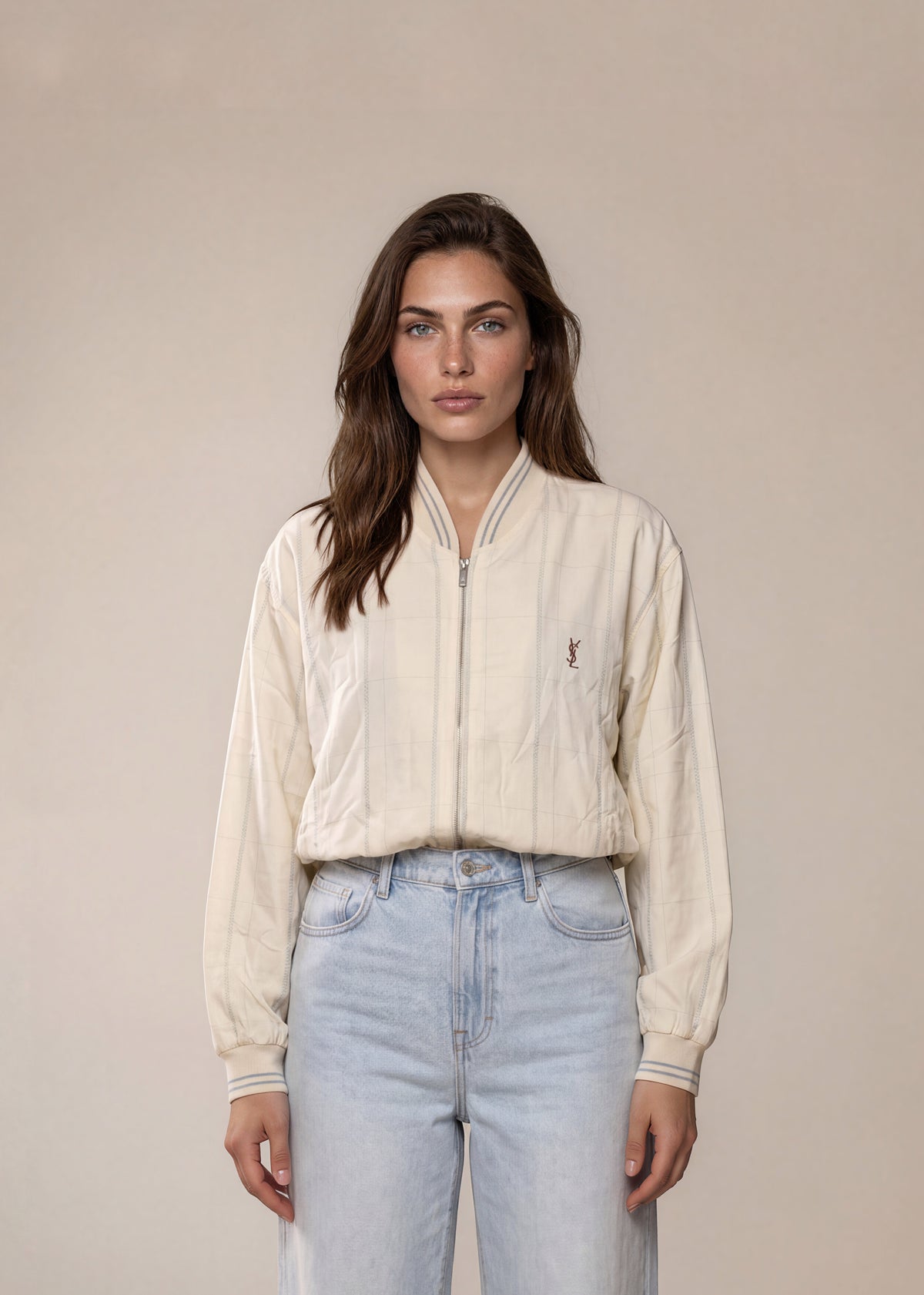 YSL White and Blue Printed Knit Collar Bomber with Brown Logo