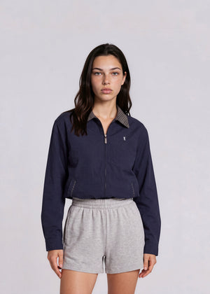 YSL Navy Plaid Trimmed Collared Bomber