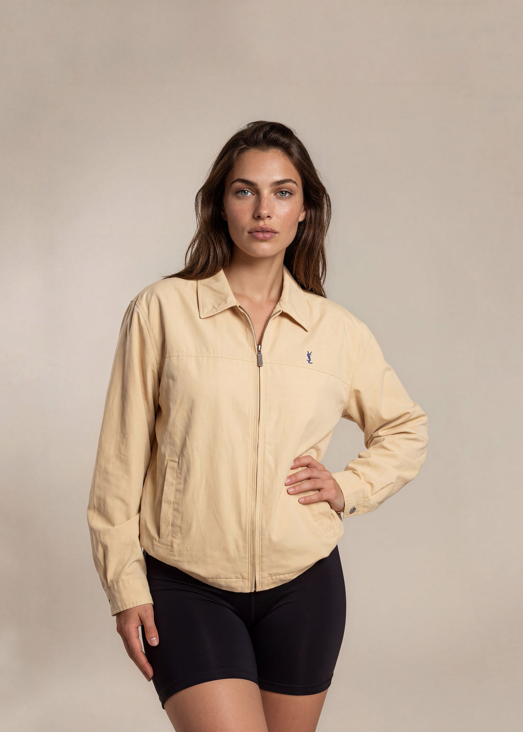 YSL Baby Yellow Collared Bomber with Cobalt Blue Logo