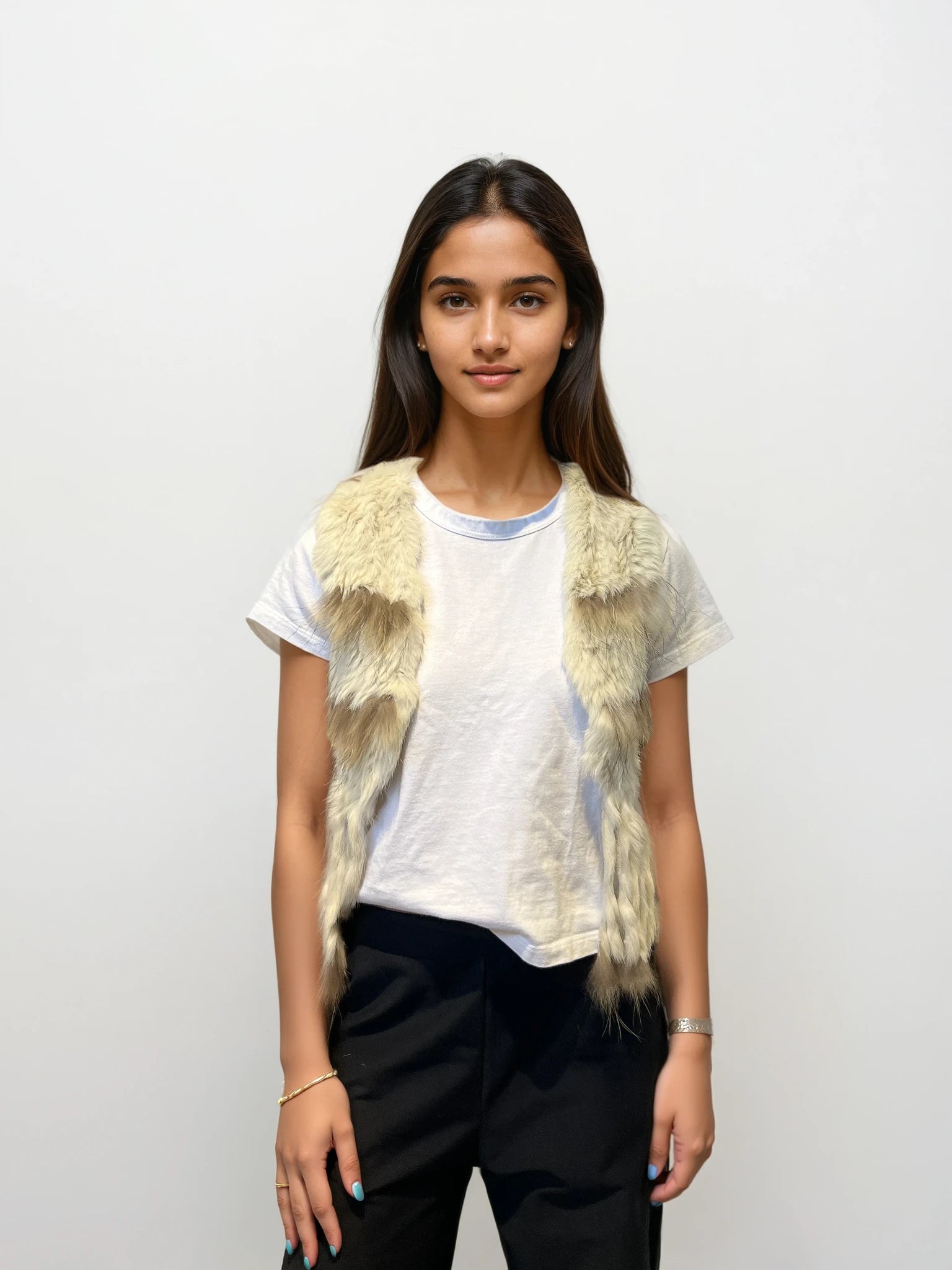 White and Brown Fringe Fur Vest