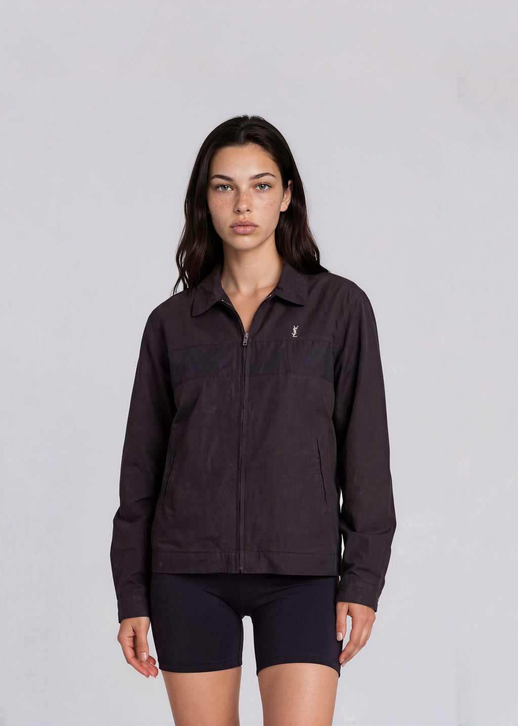 YSL Black Contrast Stripe Classic Collared Bomber with White Logo