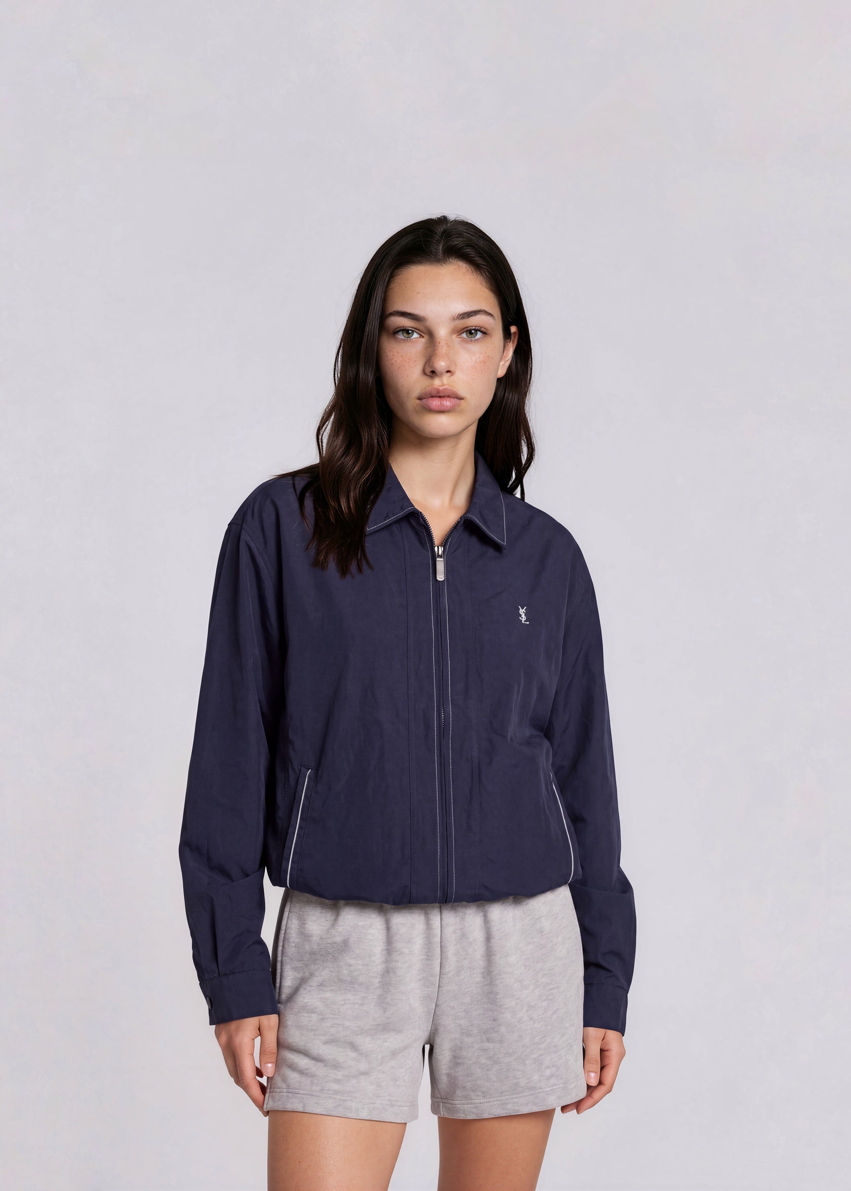 YSL Navy Classic Collared Contrast Stitch Bomber