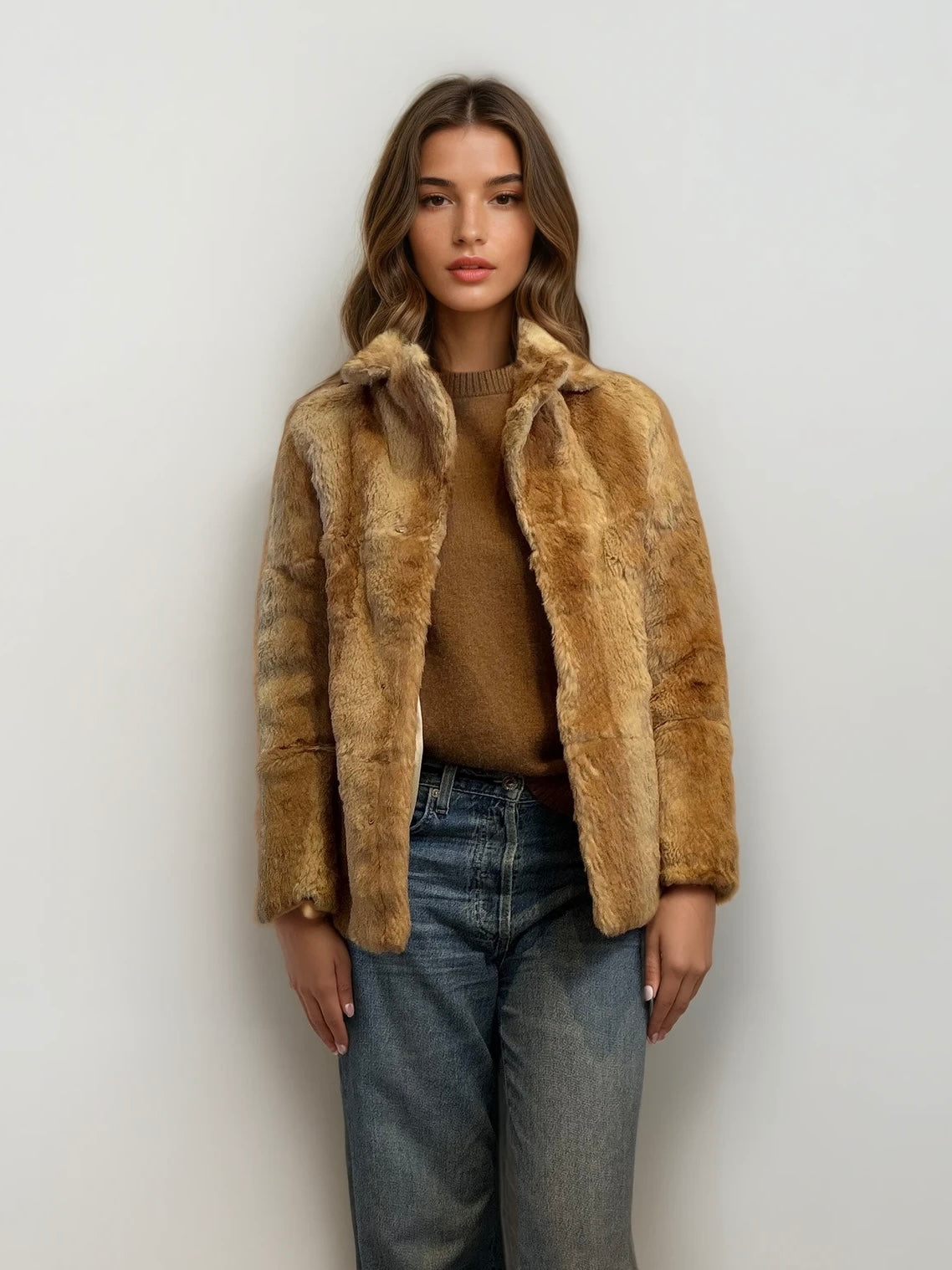 Tan and Cream Collared Fur Coat