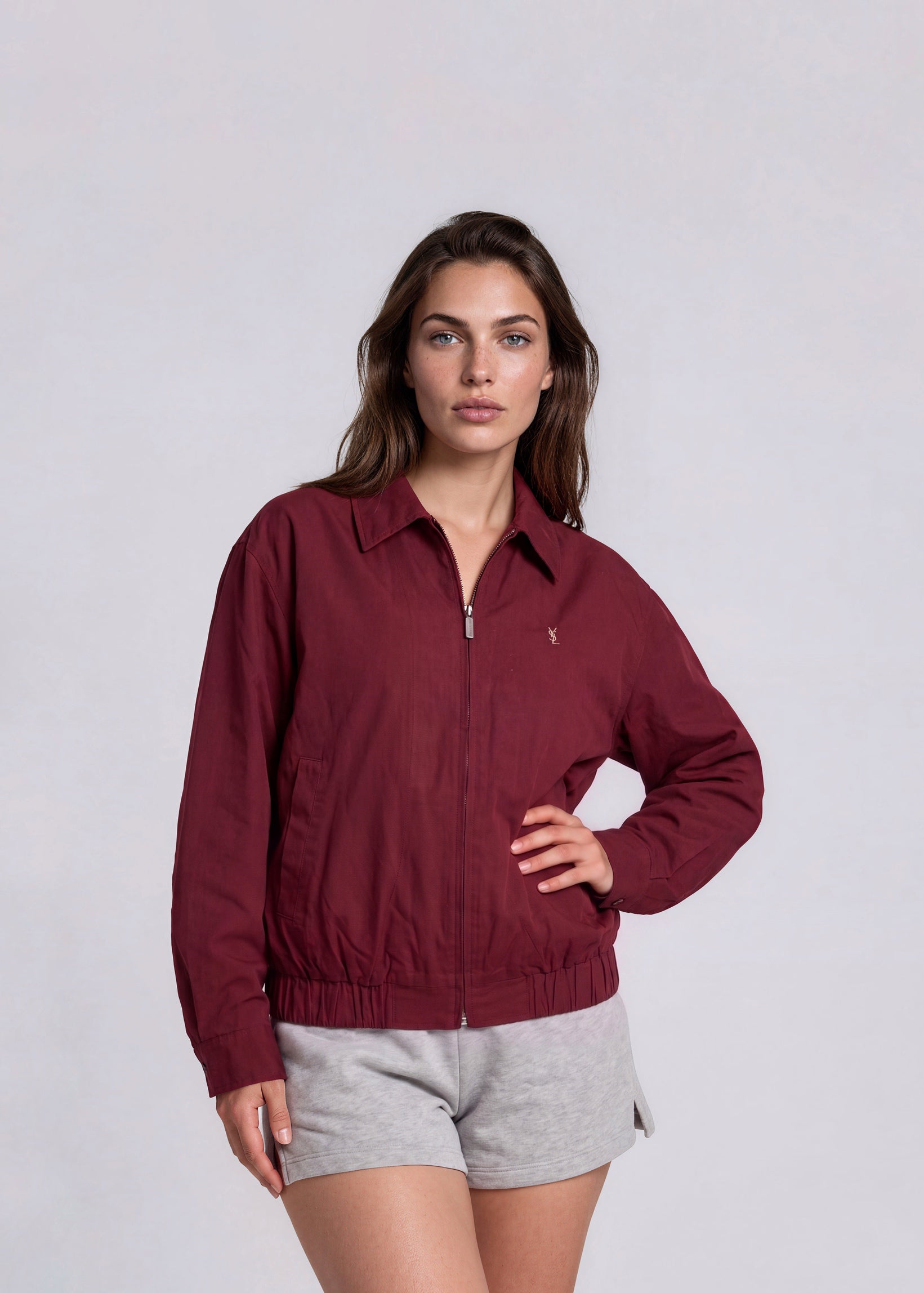 YSL Burgundy Classic Collared Bomber with Cream Logo