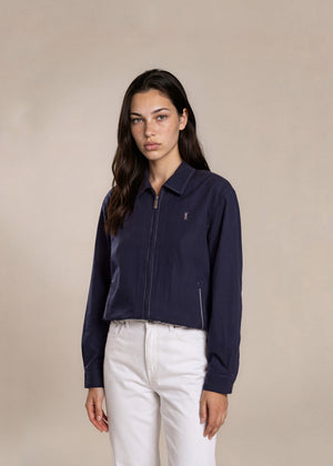 YSL Navy Contrast Stripe Classic Collared Bomber with White Logo