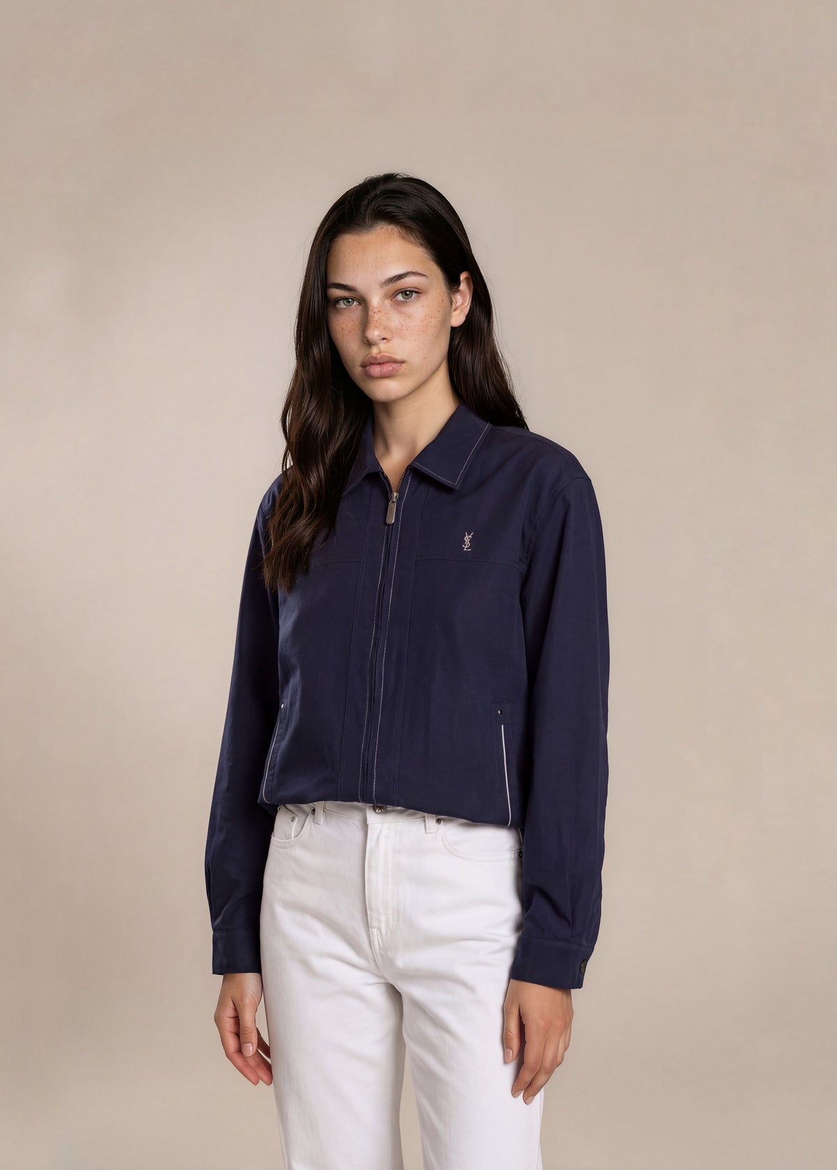 YSL Navy Contrast Stripe Classic Collared Bomber with White Logo