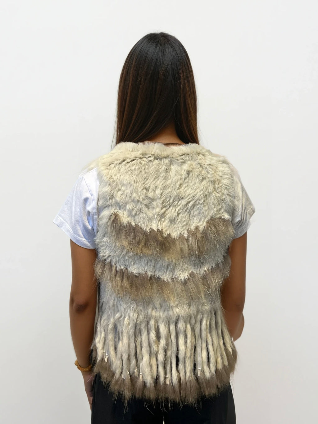 White and Brown Fringe Fur Vest