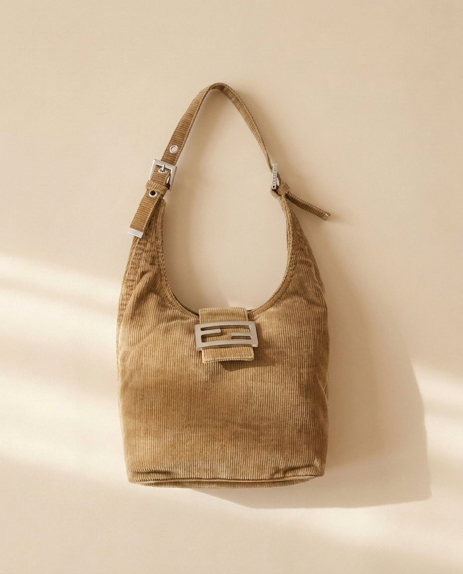 Fendi Tan Corduroy Rounded Baguette