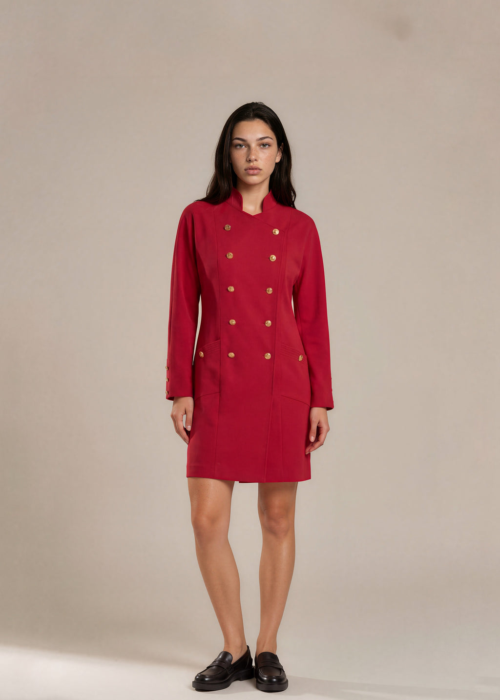 Chanel Red Button Long Sleeve Buttoned Midi Dress
