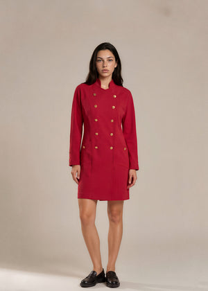Chanel Red Button Long Sleeve Buttoned Midi Dress