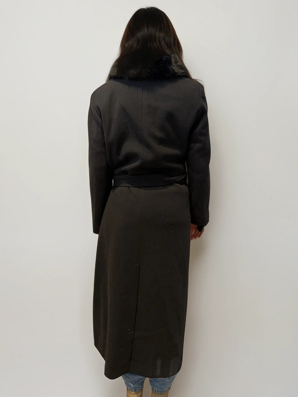 Black Wool and Fur Belted Coat