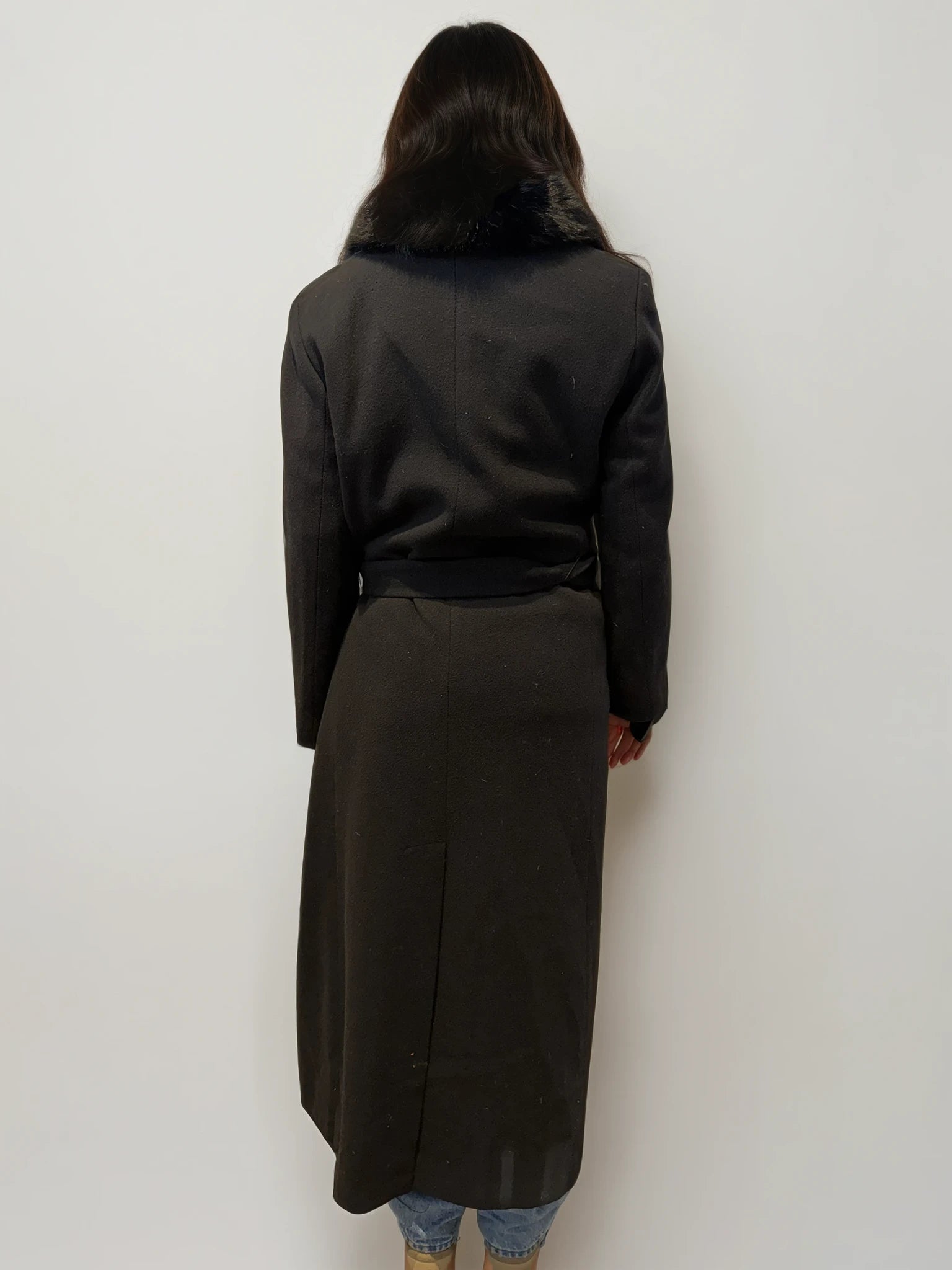 Black Wool and Fur Belted Coat