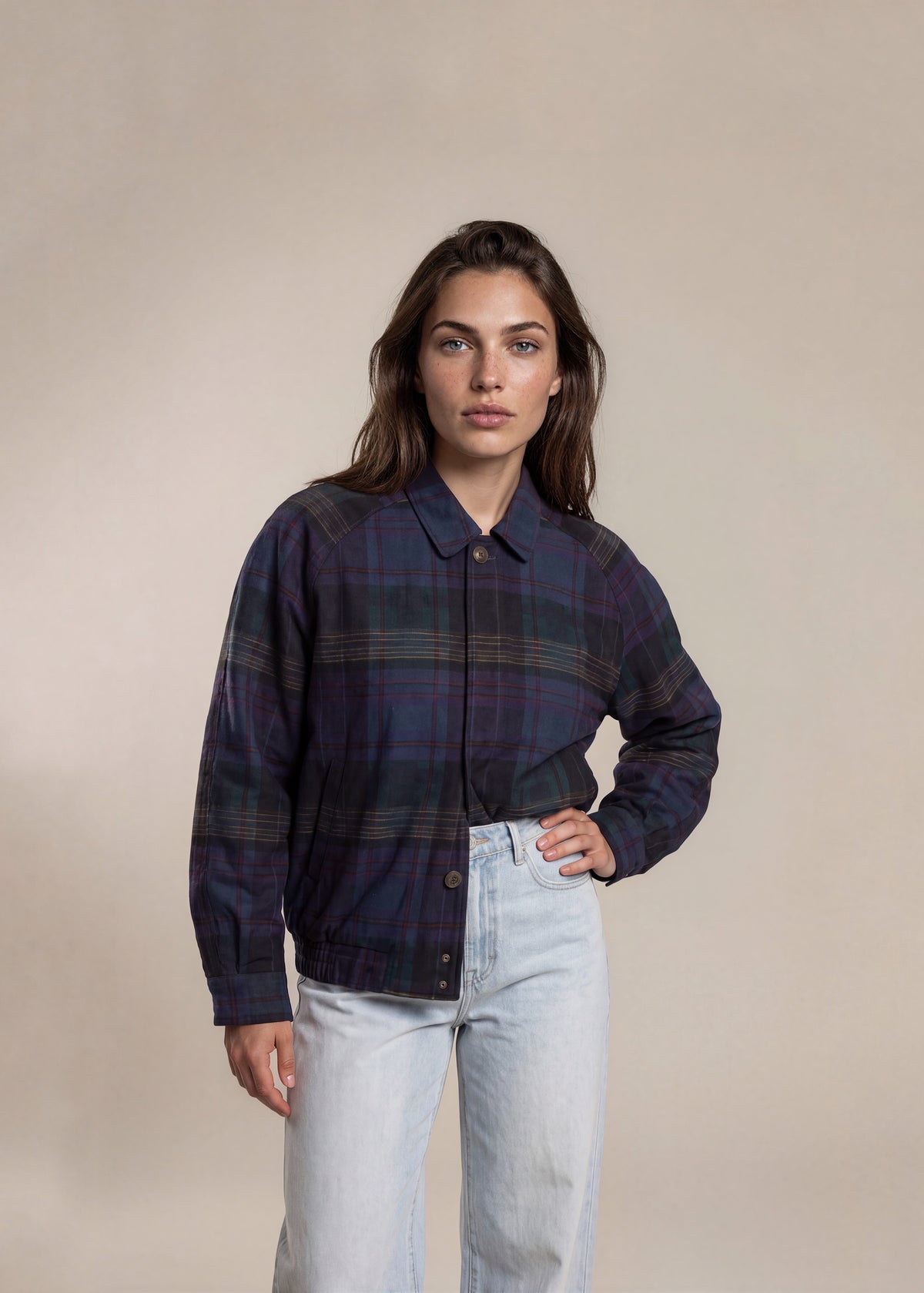 YSL Dark Multicolor Plaid Classic Collared Bomber