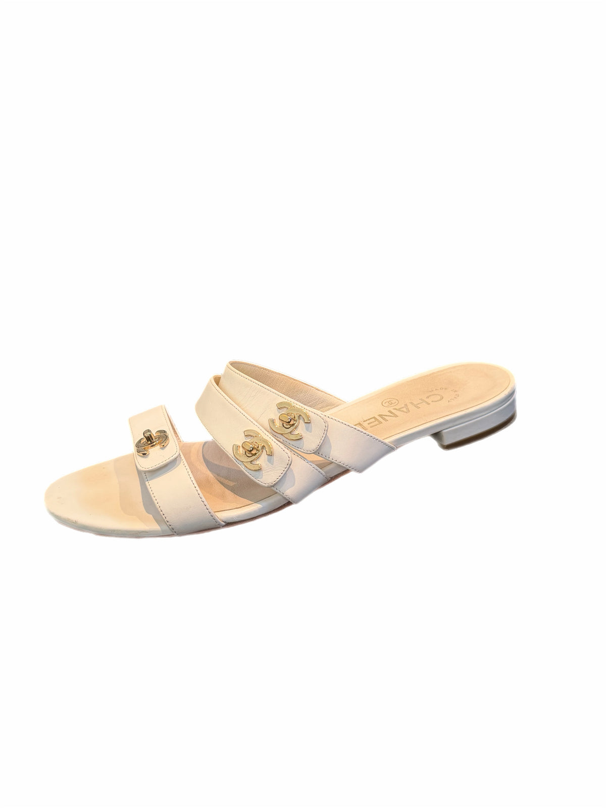Chanel White Leather Slides