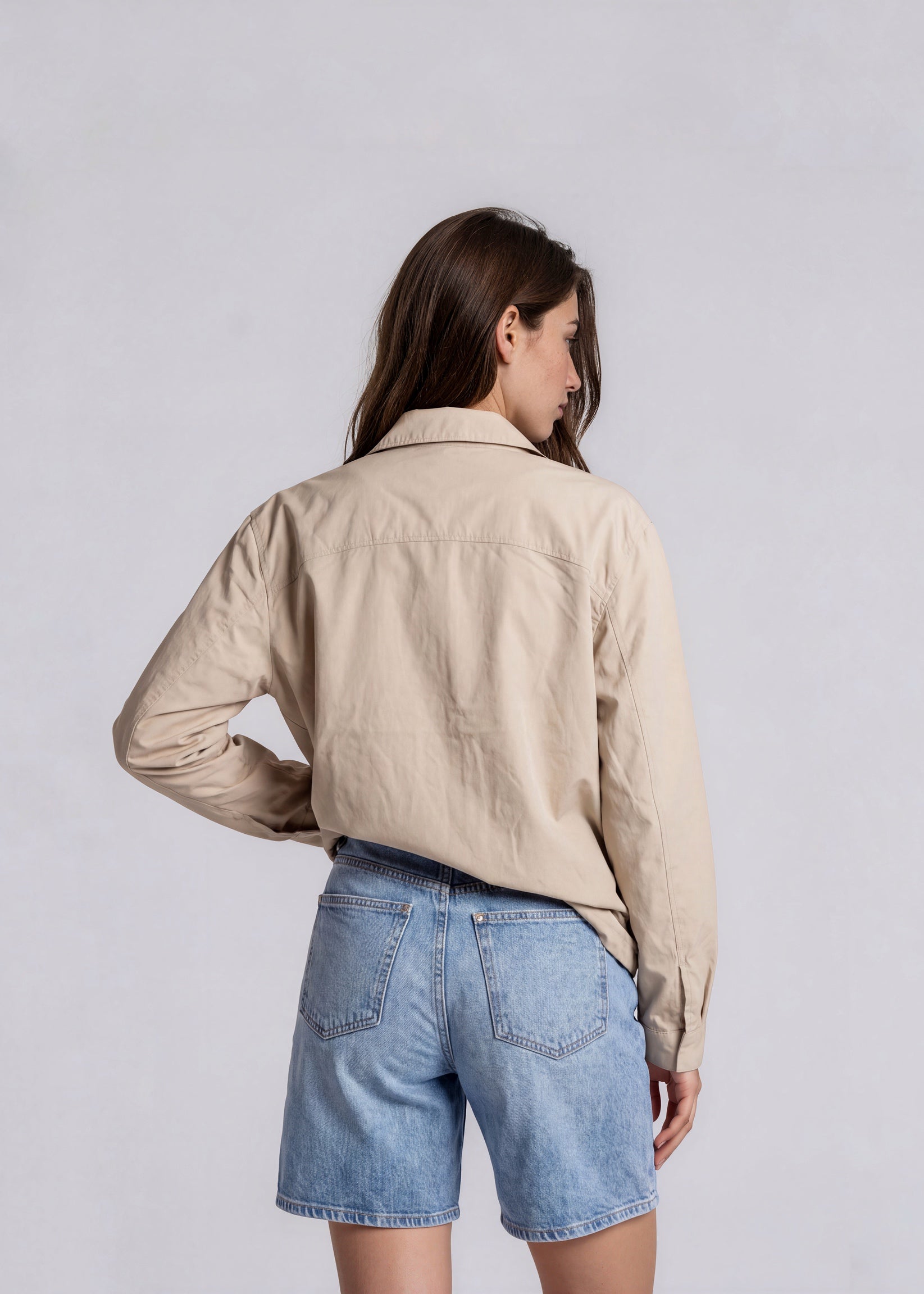 YSL Beige Classic Collared Bomber with Navy Logo