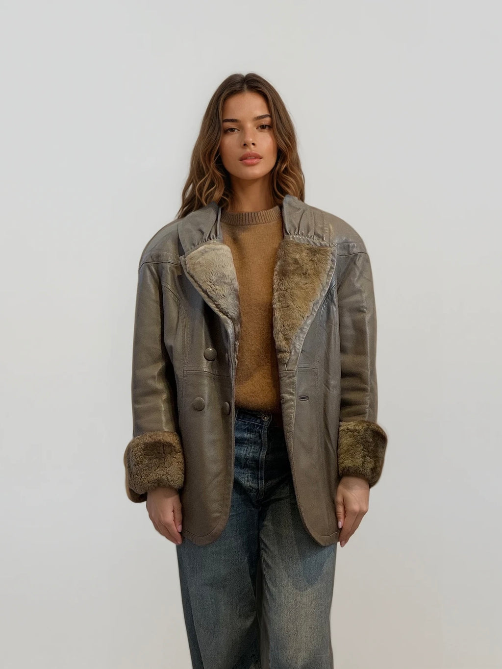 Grey Leather and Fur Coat