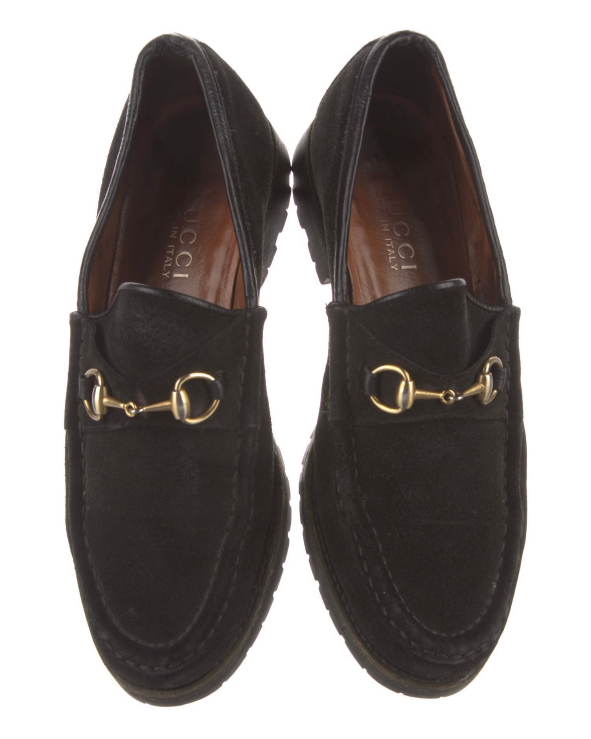 Gucci Black Suede and Gold Horsebit Loafers