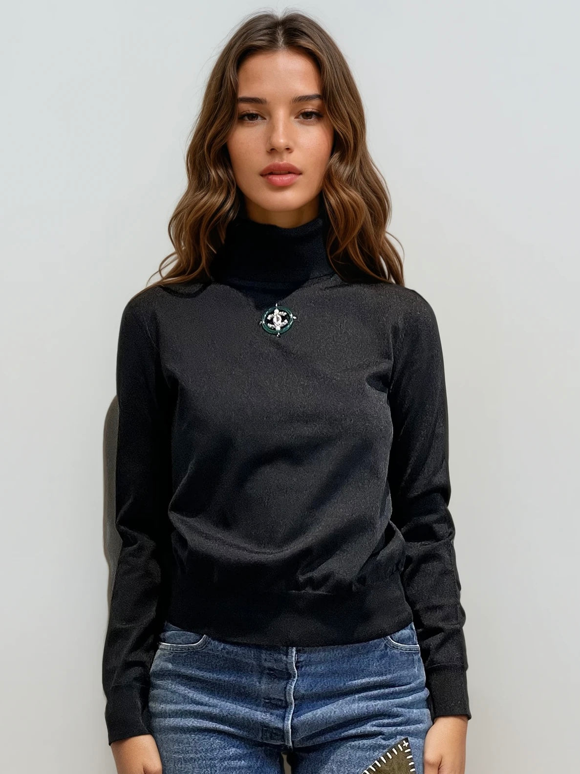 Chanel Logo Black Turtleneck Top
