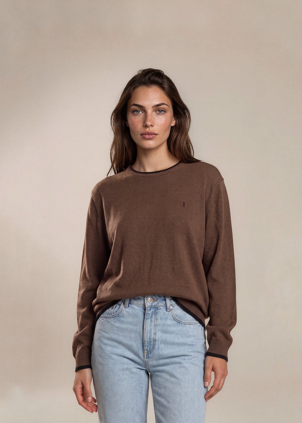 YSL Brown Crewneck Sweater with Black Trim