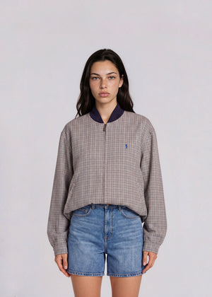 YSL Grey Plaid Bomber with Knit Collar