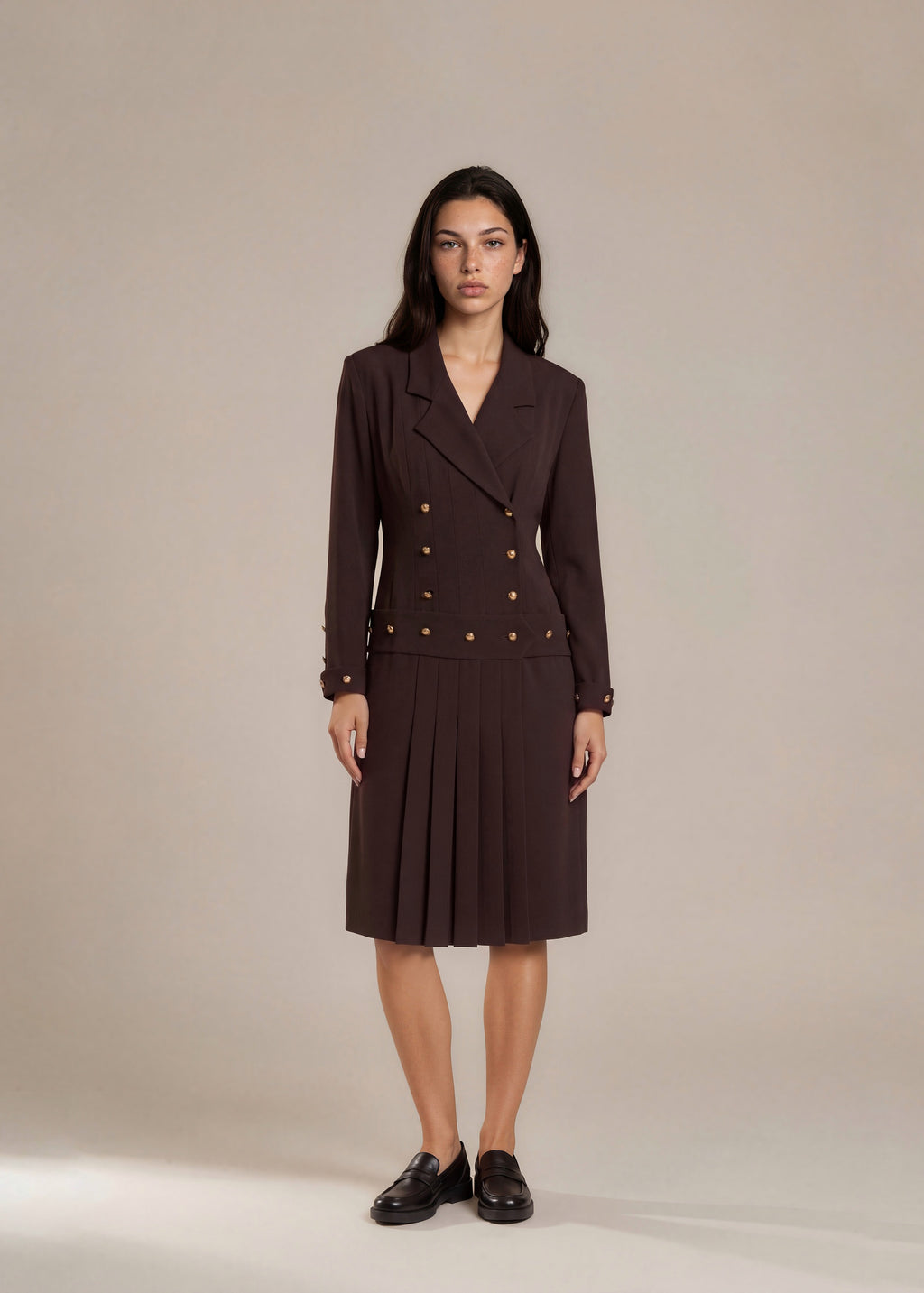 Chanel Brown Long Sleeve Embellished Midi Dress