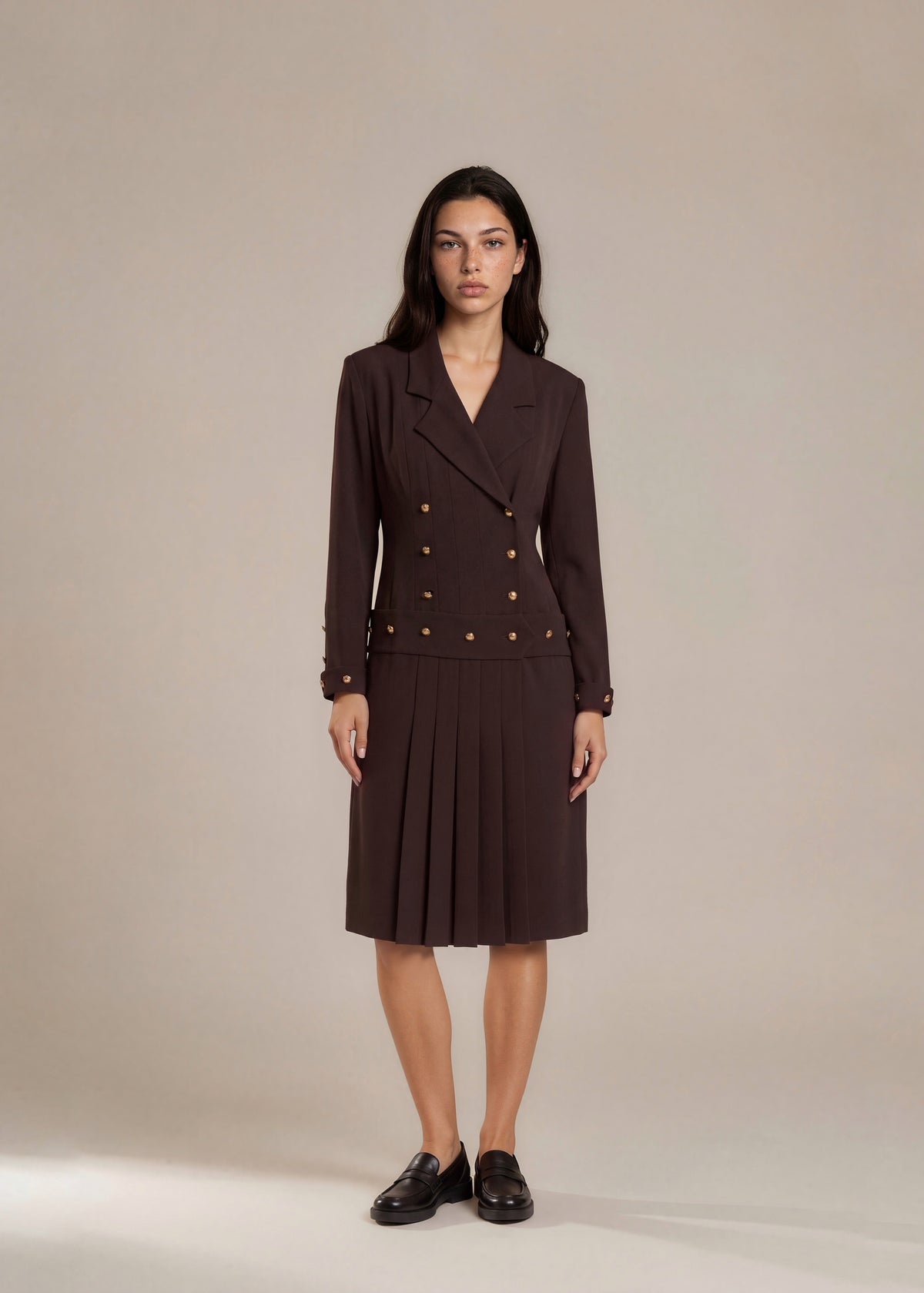 Chanel Brown Long Sleeve Embellished Midi Dress