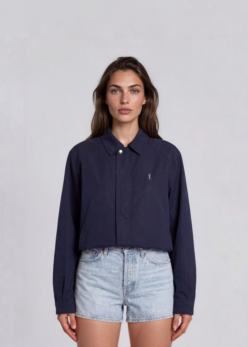 YSL Navy Plaid Trimmed Bomber