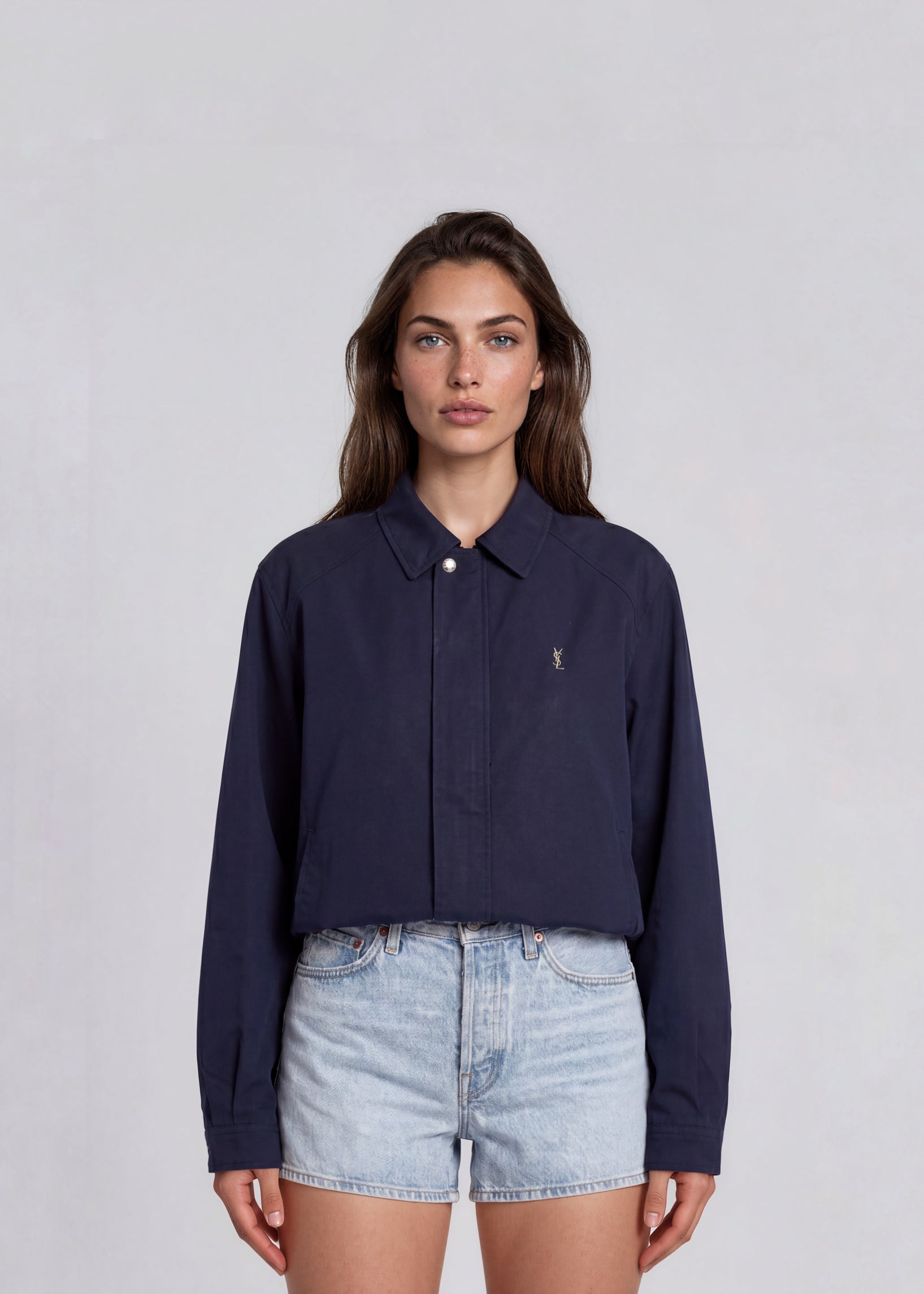 YSL Navy Plaid Trimmed Bomber