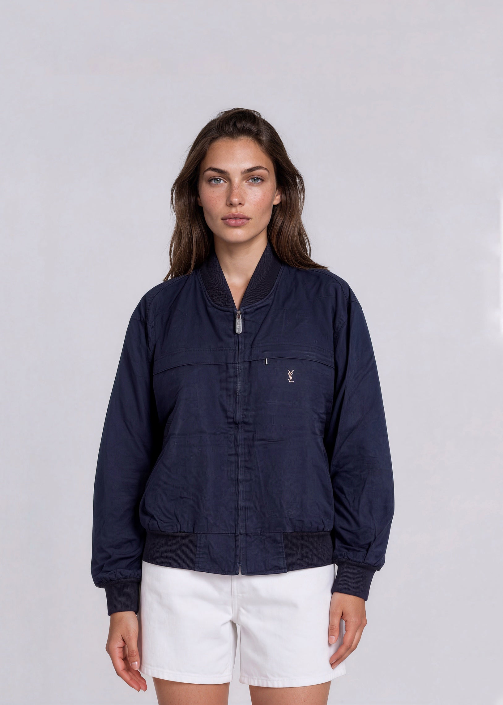 YSL Navy Knit Collared Bomber with Cream Logo