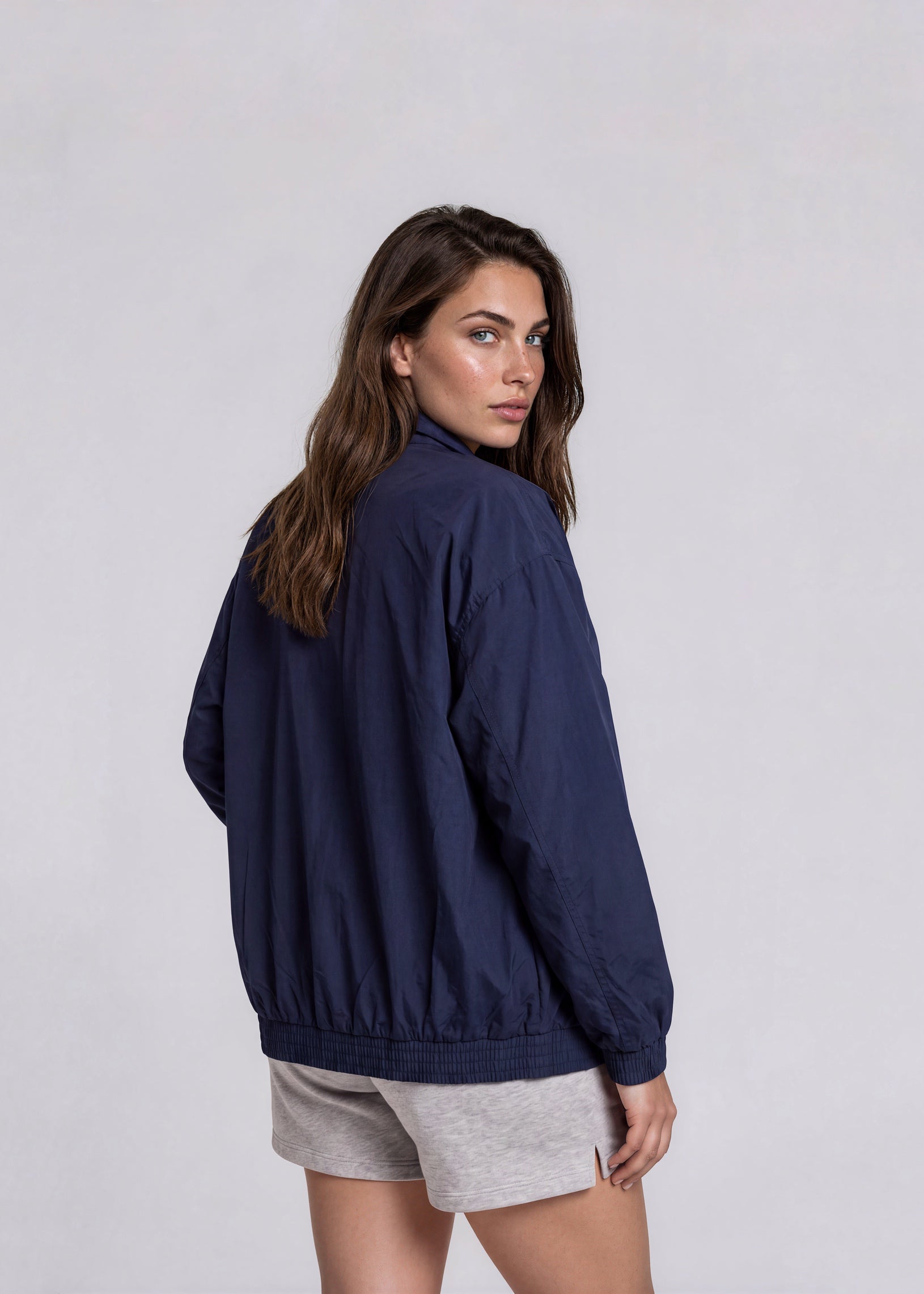 YSL Navy Contrast Stripe Windbreaker Bomber with White Logo