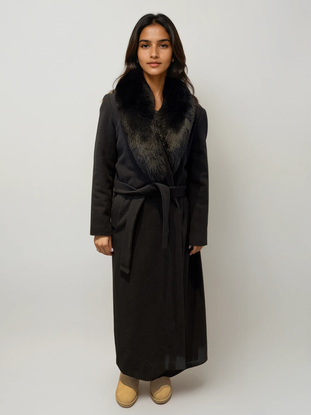 Black Wool and Fur Belted Coat