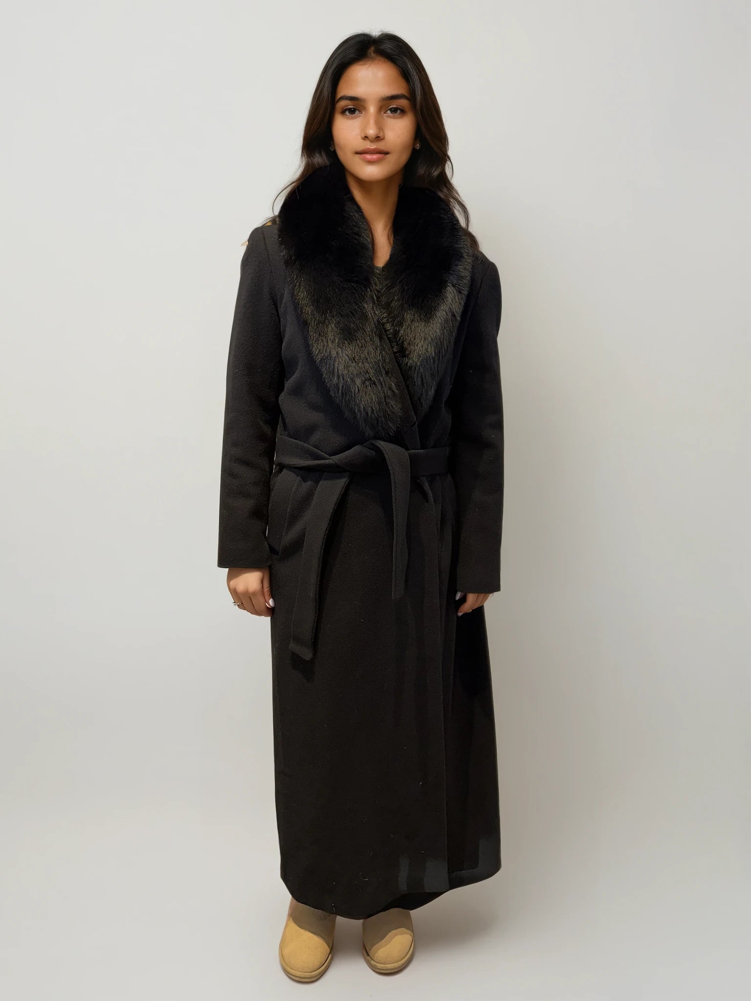 Black Wool and Fur Belted Coat