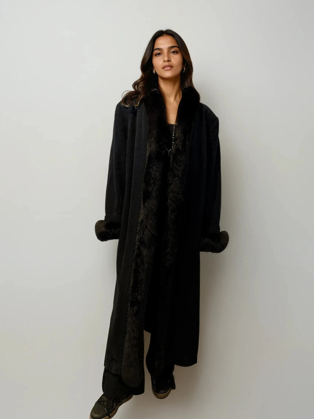 Black Wool and Fox Fur Coat