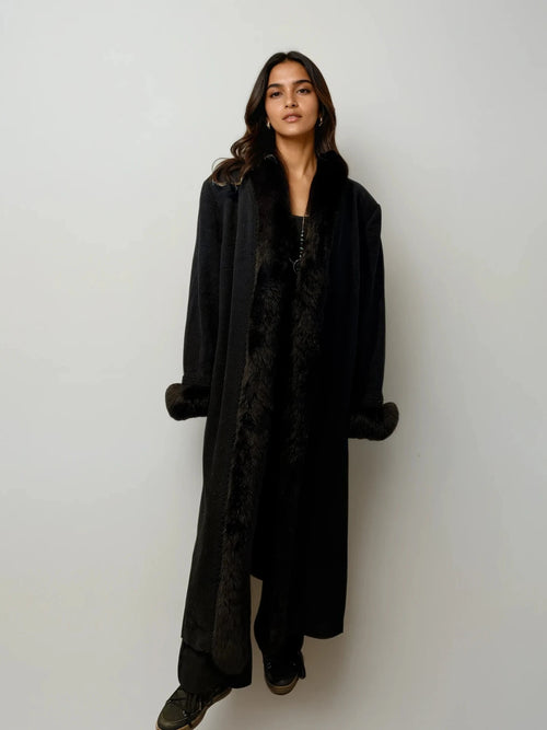 Black Wool and Fox Fur Coat